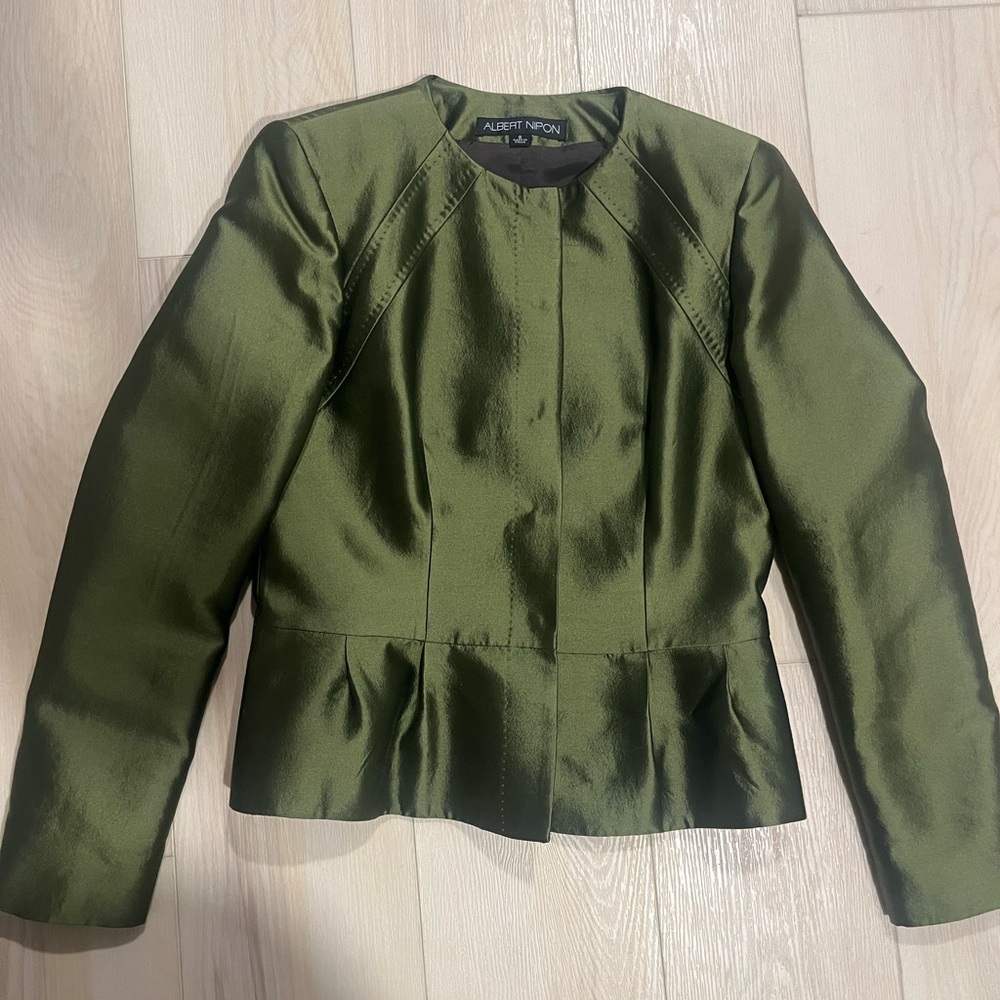 Albert Nipon Wool-Silk Olive Green Blazer